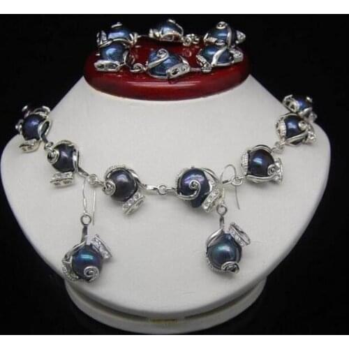 Women word color Natural Shape 10-11mm Black Baroque Pearl necklace Bracelets Earring ring set Luxury Girls