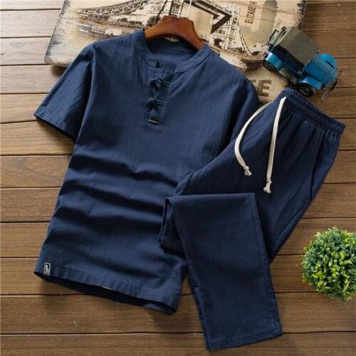 Shirt + trousers) summer men shirt Cotton and linen shirts Short sleeve mens casual shirts men A set of clothes M-5XL TZ09