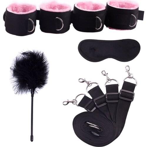 Sex Handcuffs With Blindfold and Flirting Feather Stick BDSM Bondage Set Under Bed Erotic Sex Toys for Women Couple Adult
