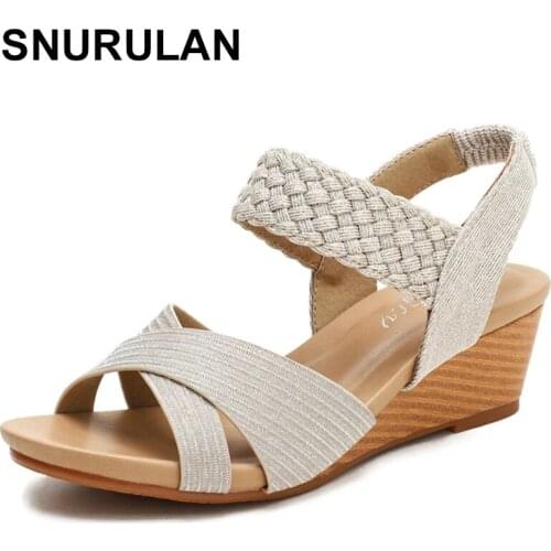 SNURULANClassic Womens Sandals Shoes Wedges Heels Summer Shoes For Women Fashion Knitted Beach Shoes Ladies Flip-flops New 2021