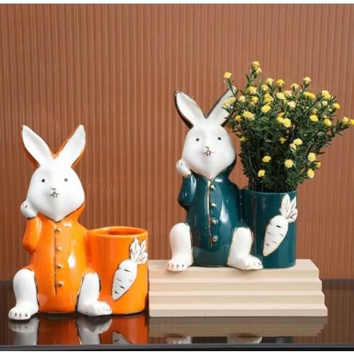 Light Luxury Simple Ceramic Rabbit Sculpture Ornaments Dry Flower Vase Living Room Decoration Home Decorat Accessories Crafts