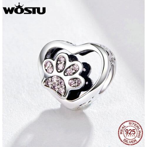 WOSTU Pink Enamel Dog Paw FootPrint Heart Beads 925 Sterling Silver Charm Fit Original Bracelet Pendant Luxury Jewelry FIC1191
