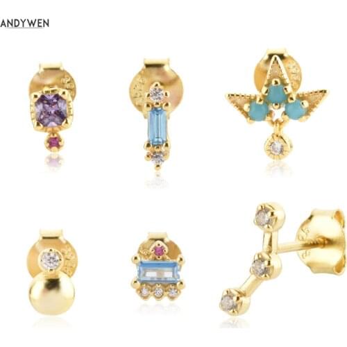 ANDYWEN 925 Sterling Silver Gold Luxury Crystal Zircon Charm Stud Earring Piercing Pendiente Luxury Jewelry Gift For Women