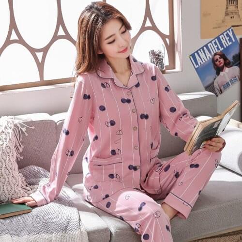 Womens cotton Pyjamas Set Long Sleeve Sleepwear Pijama Pajamas Suit Female Sleep Two Piece Set Loungewear Plus Size M-3XL