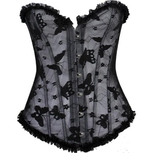 Womens Steampunk Steel Boned Corset Sexy Lace Up Sexy Transparent Butterfly Overbust Gothis Wedding Black Mesh Overbust Corset