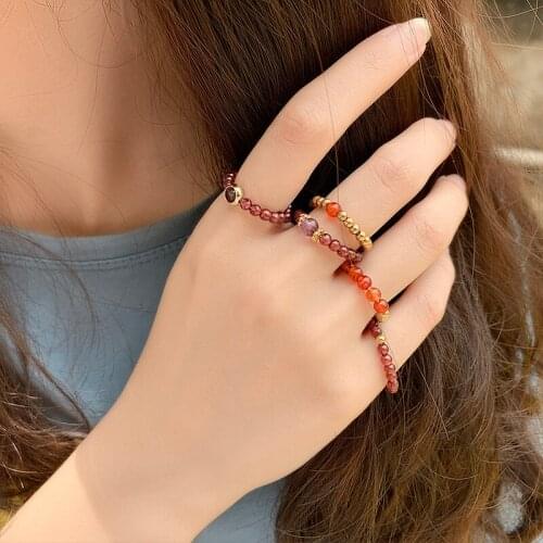Natural Stone Garnet Ring for Women Korean Elastic Handmade Beaded Ring Jewelry with Stainless Steel Wedding Party Gifts