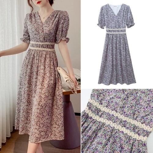 S-4Xl Chiffon Patchwork Lace Dress French Small Broken Flower Female V-Neck Hubble-Bubble Sleeve Waist Soft Dresses 2021 Summer
