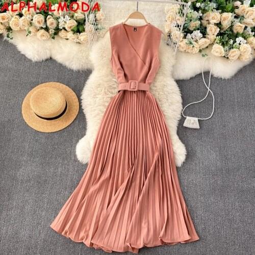 ALPHALMODA 2021 Spring New Women Sleevelss Pleated Chiffon Dress V-neck Belted Solid Fashion Ladies Holiday Summer Dress