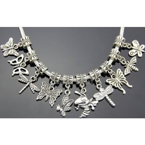 100pcs /Lot 10style Mix Vintage Silver Color Butterfly Bee Dragonfly Dangle Charms Jewelry Findings For European Bracelet ZYY023