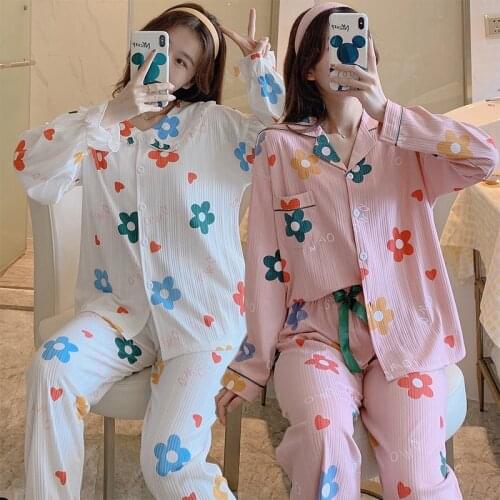 2021 Spring Autumn Long Sleeve Cotton Pajama Set for Women Korean Print Sleepwear Suit Pyjama Homewear Pijama Mujer Home Clothes