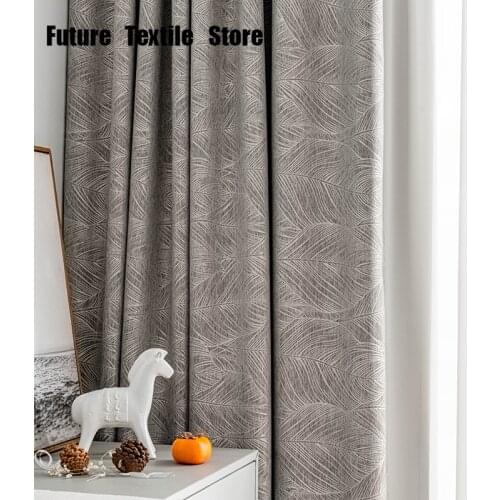 2021 New Cotton and Linen Blended Curtain Gray Leaf Simple Modern Homestay Living Room Bay Window French Window Customization