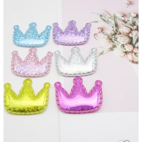 60pcs/lot 4*3.5cm Glittery Laser PU crown Padded Patches for Baby Girls Hair Accessories Appliques for Crafts BB Clips Ornament