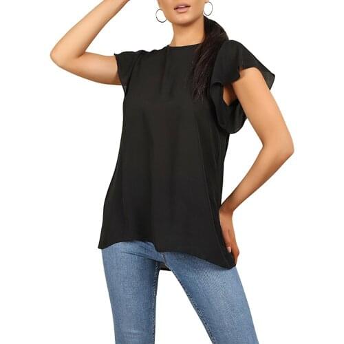 Solid Color Round Neck Top and Blouses Womens Fashion Butterfly Short Sleeve Back Tie Hollow Out Summer Female Tees Shirt D30