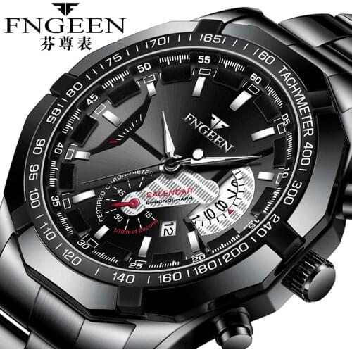 Mens Watches Top Brand Luxury Male Clock FNGEEN 2020 Fashion Trend Casual Quartz Wristwatch Date Week Display Sports Black Watch