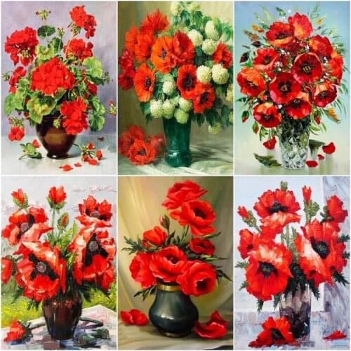 CHENISTORY Paint By Number Red Flowers Kits For Adults Kids Handpainted Coloring By Number On Canvas Home Decoration Diy Gift