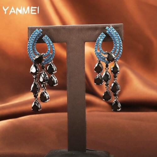 Blue Black Water Drop Tassel Exaggerated Earrings for Women Luxury Wedding Wear Jewelry Niche Popular High-end Exquisite Jewelry