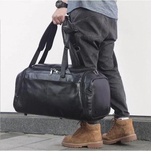 Men Travel Duffle Large Capability Black Cow Leather 16" Laptop Weekend Bag 2018 Man Business Big Shoulder Shoe Clothes Handbag