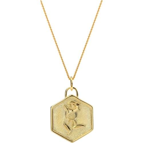 LEVEN FANCY 925 Sterling Silver Hexagonal Design Rose Flower Necklace 18k Gold Jewelry Gift For Girlfriend/ Wife/ Sister/ Mother