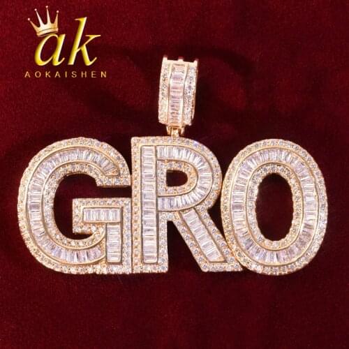 Custom Name Plates Baguette Letters Pendant Hip Hop Necklace Chain Gold Color Bling Zirconia Mens Rock Jewelry