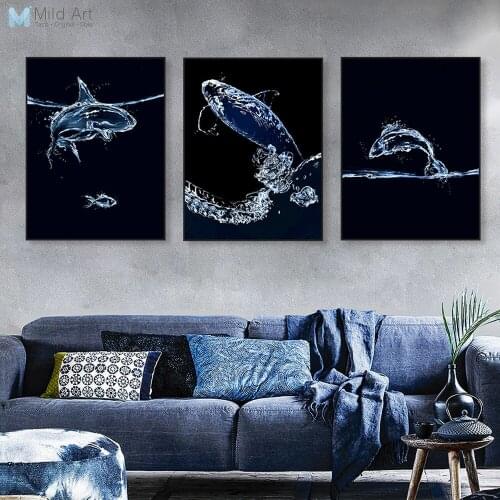 Black Abstract Ocean Wave Fish Whale Shark Poster Modern Living Room Wall Art Print Pictures Home Decor Canvas Painting Custom