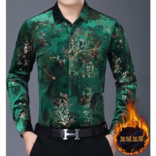 New 2020 Winter Man Thick Velour Shirts Floral Printed Gold Velvet Clothes Long Sleeve Male Velvet Warm Dress Shirts
