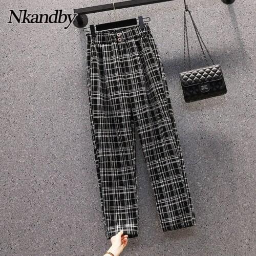 Nkandby Plus Size Plaid Elastic Loose Radish Pants 2021 Autumn New Large Women High Waist Vintage Korean Cozy Harem Trousers