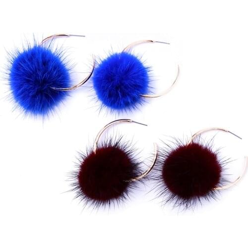 Bulk Price Unique 2 Color Blue&Red Pompon Dangle Earrings New Design Round Shape Pendant Earrings Fashion Jewlelry