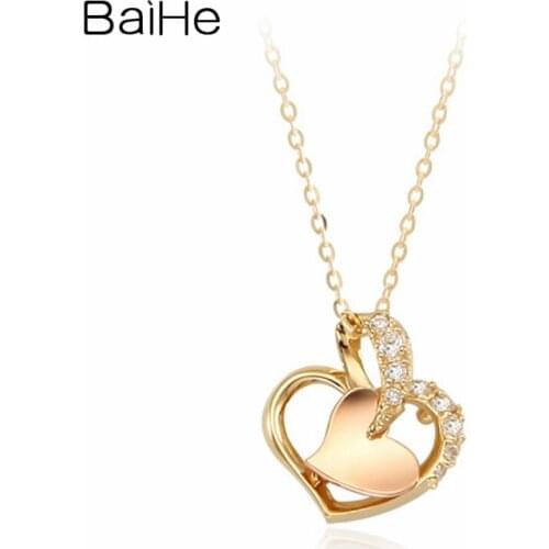 BAIHE Solid 18K Yellow Rose Gold 0.04ct Round Natural Diamonds Women Engagement Fine Jewelry Heart Diamond Pendant Necklaces