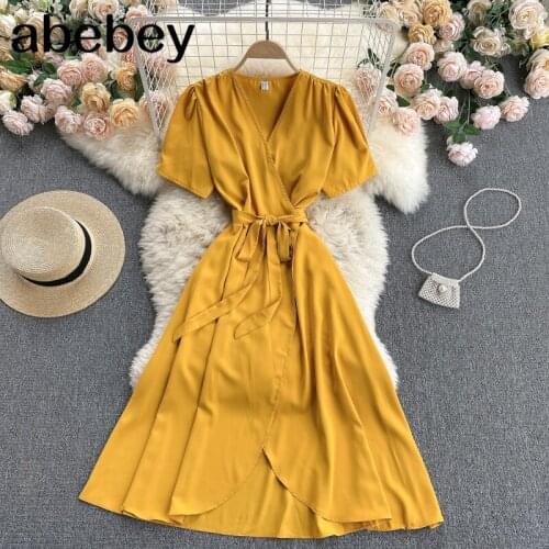 Women Elegant French Dress Summer Puff Sleeve V Neck Solid A-line Office Dresses Fashion Streetwear Split Midi Dress