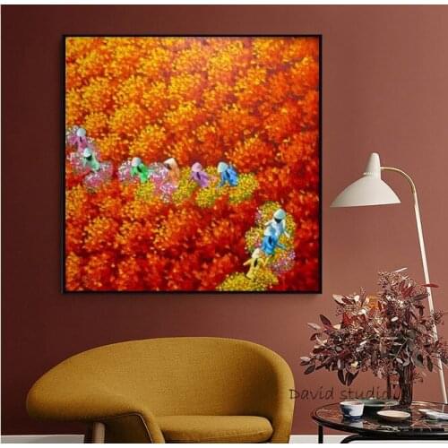 Hand Pained Knife Painting Abstract Art Red Flowers Field in Vietnamese Art for Living Room Wall Decoration