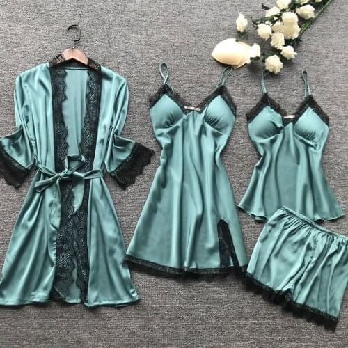 Sexy Woman 4PC Strap Top Pants Suit V-Neck Sleep Robe Bath Gown Kimono Pajamas Sets Sleepwear Nightgown Home Wear Nightdress