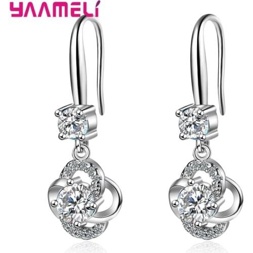 925 Sterling Silver Drop Earrings For Women Girl White Blue Pink AAA CZ Stone Crystal Flower Clover Long Tassel Earrings Jewelry