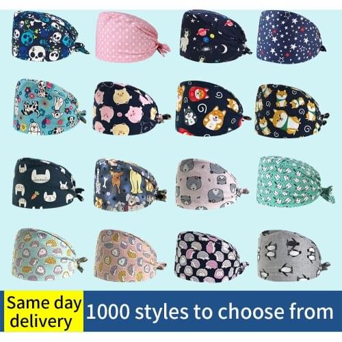 High quality Breathable cotton cartoon print scrub hat adjustable summer beauty salon laboratory pet shop frosted caps Custom