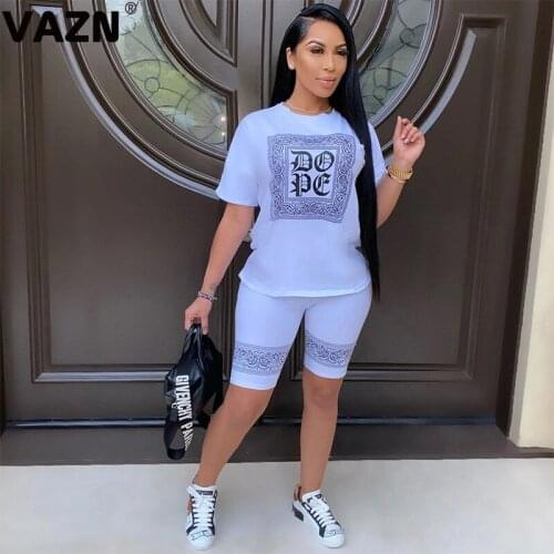 VAZN 2020 Summer Plus Size 2 Color Daily Casual Young Tracksuits Short Sleeve Group Knee Length Slim Women 2 Piece Set