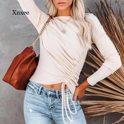 Drawstring Knitting Tops O Neck Women Casual Solid Slim Fit Sweater Long Sleeve Pullover Female Streetwear Pleated Jumper Blusa
