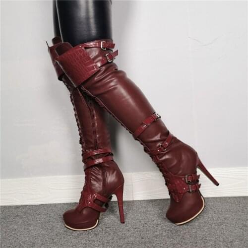 Female Platform Knee High Sexy Ladies Stiletto High Heels Boots leather Round Toe Wine Red Party Shoes Women Plus US Size 14 15