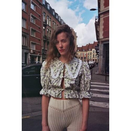 Women Shirt French Sweet and Cute Triangle Collar Floral Print Short Sleeve Top Short Shirt Women