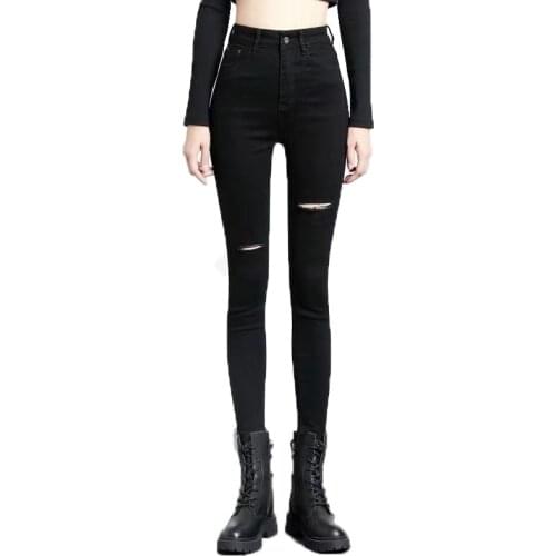 2021Women New Black Ripped Jeans Female Spring Autumn Tight-Fitting High-Waisted Ankle JeanS Are Thin Versatile Stretch Pant B83
