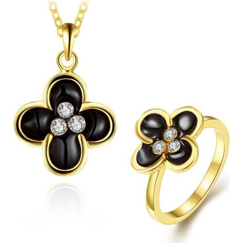 ZEMIOR Sets For Women 2 Colors Four Leaf Clover Shaped Czech Drill Pendant Necklace And Ring Festival Gifts Fashion Jewelry