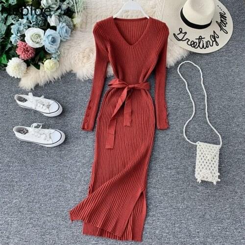 Nepole Elegant V Neck Split Midi Vestido 2021 Autumn Winter Women Knitted Sweater Dress Button Long Sleeve Sashes Bodycon