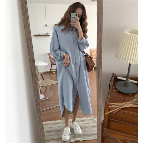 Vintage Autumn Women Long Dress 2019 Lady Long Sleeve Cotton Shirt Dress Casual Turn-down Collar Loose Women Dresses Plus Size