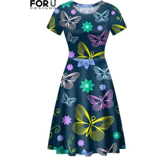 FORUSEDIGNS Vintage Butterfly Pattern Summer Women Short Sleeves Dress Round Neck High Quality Travel Ladies Clothing Vestidos