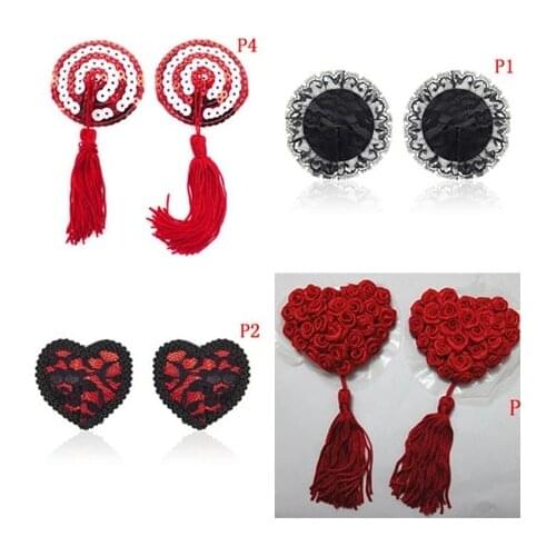1Pair Sexy Sequin Nipple Covers With Tassels Heart Shape Nipple Stickers Pasties Sex Product Chest Stickers For Women