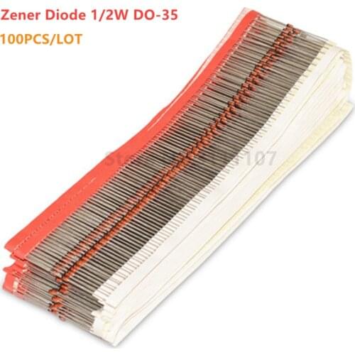 100PCS 1/2W DO-35 BZX55C3V3 4V7 5V1 6V2 6V8 7V5 8V2 9V1 10V 11V 12V 13V 15V 18V 24V 30V 3.3/4.7/5.1/6.8/7.5/8.2/9.1V Zener Diode