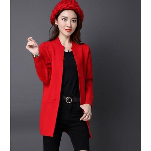 2019 Girl Casual Long Knitted Cardigan Autumn Korean Women Loose Solid Color Pocket Design Sweater Jacket Pink black Plus Size