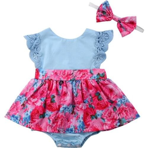 2020 Summer Toddler Newborn Baby Girls Clothing Casual Floral Lace Ruffle Sleeveless Romper Jumpsuit Clothing Headband