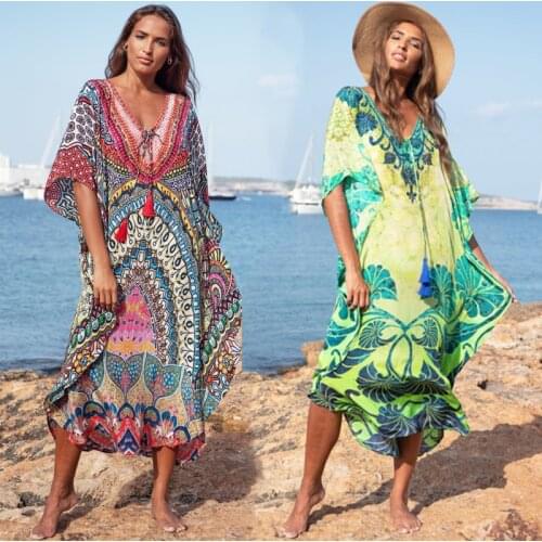 2021 Moroccan Kaftan Bohemian Printed Summer Dress Long Tunic Women Plus Size Beach Wear Swim Suit Cover Up Robe de plage