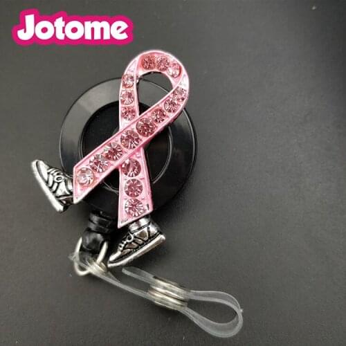 50 pieces/lot free shipping walking pink ribbon breast cancer awareness id badge holder nurse id badge reel