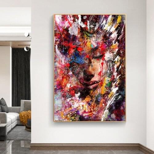 Abstract Woman Face Graffiti Street Art Canvas Painting Posters and Prints Pop Wall Art for Living Room Decor No Frame