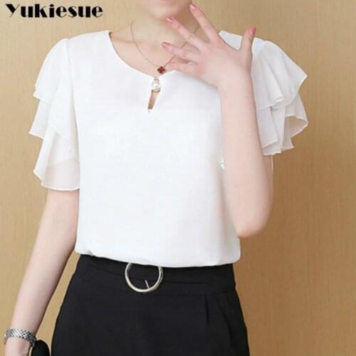 Summer Blouse Women Chiffon Shirt Office Work Slim Tops Short Sleeve Shirts Korean Bow Neck Ruffle Yellow Red Blouses Blusas